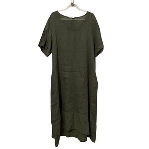 100% Linen Lagenlook Midi Dress L Minimalist Capsule Sustainable Eyelet European